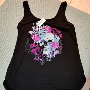 NEW Goth Las Vegas Punk Emo Skull Shiny Print Floral Rose Small Medium Edgy